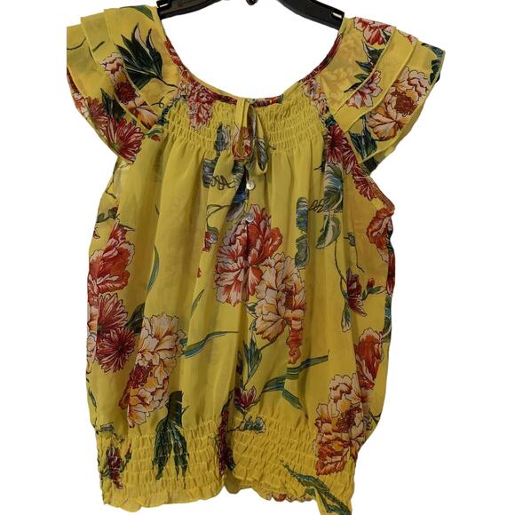 Midnight Sky Sheer Blouse Medium Yellow Red Floral Elastic Waist Boho Hippie - Picture 1 of 9